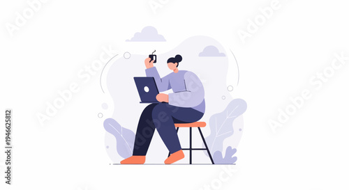 A person with a laptop and a mug sits on a stool surrounded by abstract plant elements