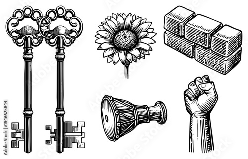 Antique skeleton keys, sunflower bloom, brick stack, djembe drum, clenched fist hand drawn vector with halftone shading, symbolic, black ink art.