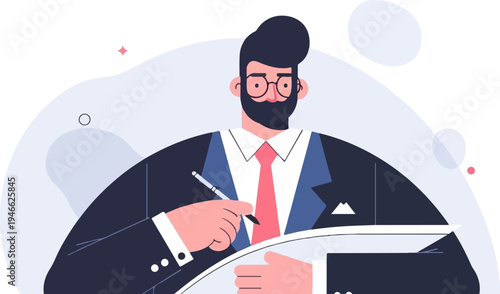 A stylishly illustrated man in a suit and tie with glasses is signing a document