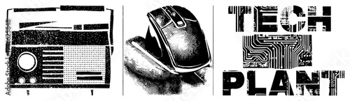 Retro radio with dials and speaker, ergonomic computer mouse, tech plant logo with circuit, black and white halftone style, digital and analog tech fusion.