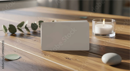 A serene and minimalistic arrangement of a candle, smooth stones, and a blank card on a wooden surface.