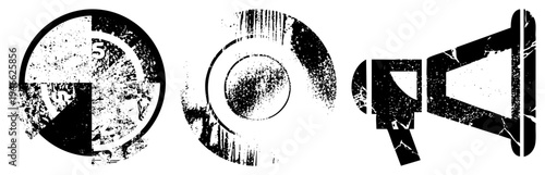 Distressed circular and megaphone symbol with gritty texture, vector glyph design, aesthetic, urban stencil style, abstract graphic elements.
