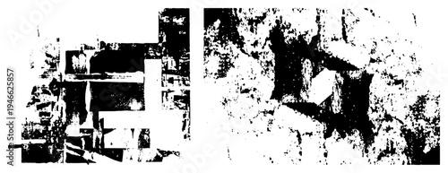 Stylized black and white vector shapes with halftone texture, graphic art composition, bold geometric forms, digital illustration, abstract design.