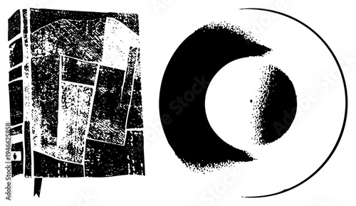 Two minimalist vector one rectangular with fragmented halftone texture, one circular with ink blotted gradient both in, isolated against transparent background.