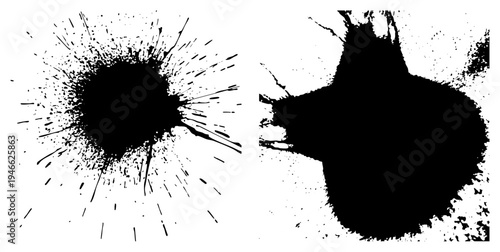Bold ink splatter, expressive black stains, abstract graphic elements, vector halftone textures, artistic ink blots.
