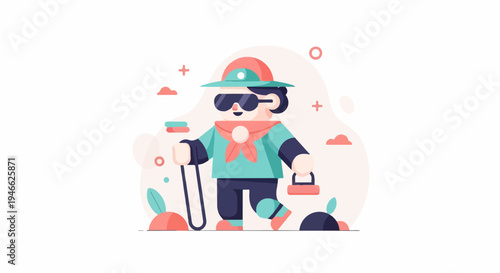 A stylized adventurer with a cane and backpack explores an abstract landscape