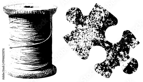 Thread spool and puzzle piece rendered in halftone style, sewing craft, textile design element, vector graphic, black and white texture, creative composition.