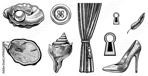 Classic engraved illustrations of oyster with pearl, ornate button,, draped curtain, keyhole, quill feather, and stiletto heel all rendered in detailed art with halftone shading.