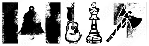 Distressed black vector bell, guitar, chess king,, with halftone texture, isolated symbols, graphic design elements, retro aesthetic.