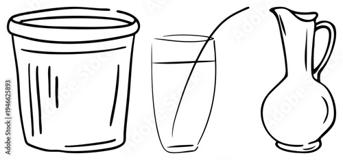 Black drawing of water containers bucket, glass with straw, jug. Minimalist sketch style. Water vessel set, beverage holder trio, hydration tools.