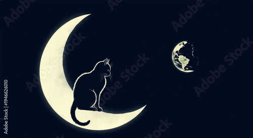 A silhouette cat sits on a crescent moon, gazing at the Earth