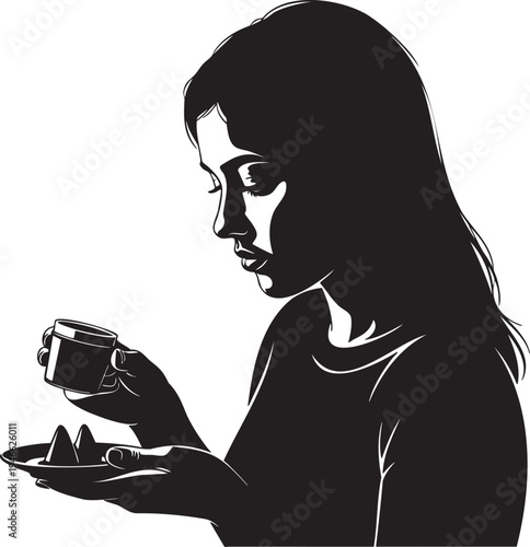 Striking graphic illustration of a woman in silhouette enjoying a peaceful moment with a cup and small dessert, reflecting contemplation and quiet pleasure