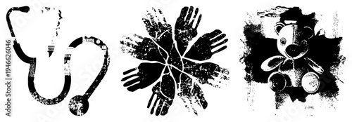 Medical stethoscope, unity hands symbol, plush teddy bear all with distressed grunge texture. Medical, solidarity emblem, toy mascot.