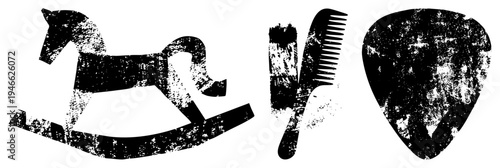 Grunge textured black silhouettes of classic rocking horse, hair comb, and guitar pick, isolated vector, retro graphic design elements.