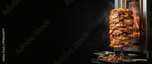 Delicious Turkish doner kebab rotisserie on black background with copy space