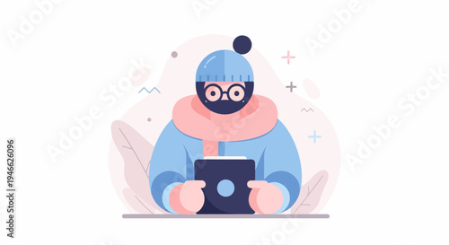 A person in winter clothes looks at a tablet, surrounded by abstract shapes