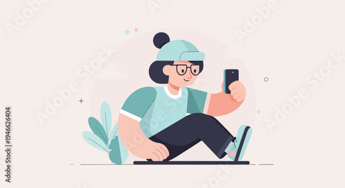 A stylized person in a beanie and glasses takes a selfie with a smartphone