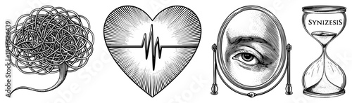 Abstract conceptual symbols in tangled brain, heartbeat heart, mirrored eye, hourglass with "SYNIZESIS". Ideal for psychology, time, perception, and cognition themes.