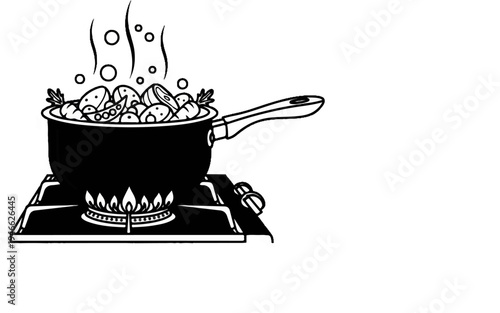 A pot of vegetables simmers on a lit gas stove, with steam rising
