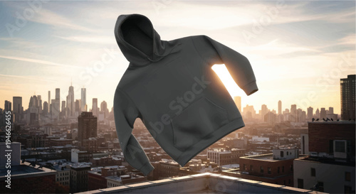 A person in a hoodie stands on a rooftop overlooking a city skyline at sunset