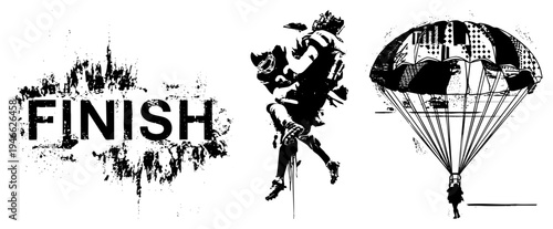 Stylized finish word with graffiti texture, skydiver mid air, parachute canopy, race or sport theme, black and white vector art.