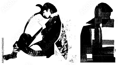 Woman sitting reading book, stylized black and white graphic, halftone texture, vintage aesthetic, isolated figure, literary theme, quiet contemplation.