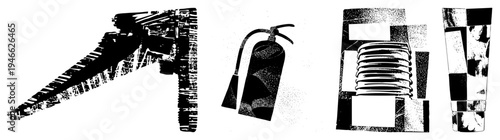 Stylized industrial rendered in gritty halftone, including wrench, fire extinguisher, coiled hose, and tube vector graphics with texture,, and mechanical theme.