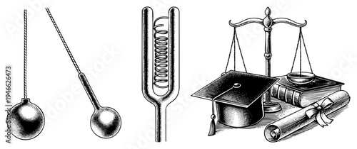 Traditional scholarly mortarboard, justice scales, tuning fork, pendulum, and diploma scroll, engraved art for educational or legal themes.
