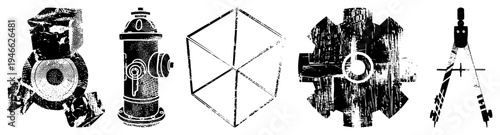 Vector illustrations of cube, gear, compass, fire hydrant, and camera in halftone, isolated graphic design elements, technical drawing style, stencil art.