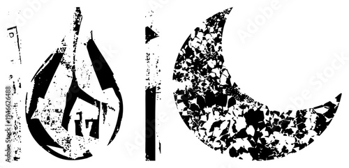 Stylized fire teardrop and moon with shattered glass effect, graphic design elements, vector art, symbolic motifs, halftone inspired texture.