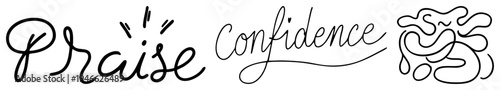 Calligraphic typography words “Praise” and “Confidence” in flowing cursive, accompanied by a whimsical abstract swirl design, ideal for motivational branding or creative graphic assets.