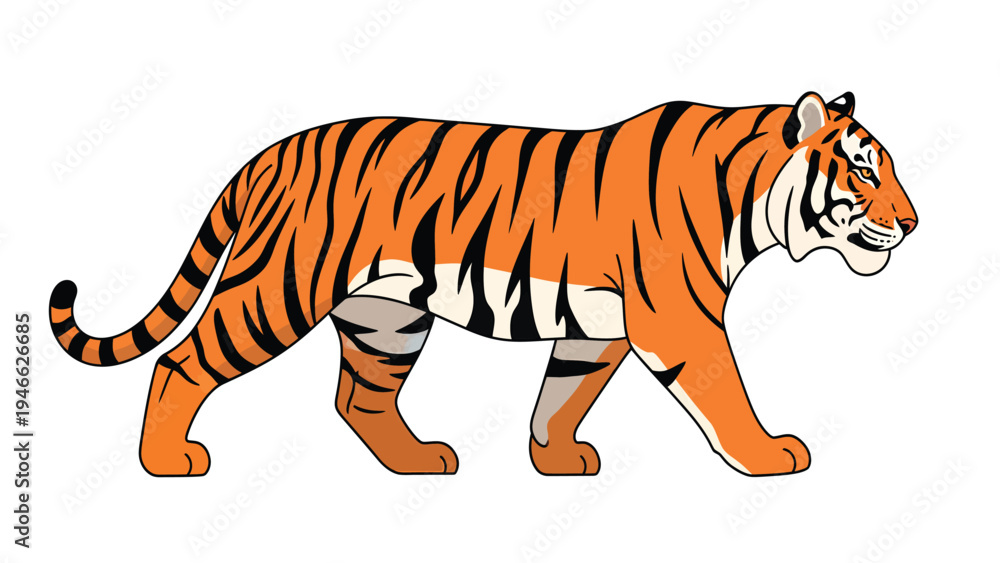 Fototapeta premium Majestic Tiger Walking in Profile. Vibrant Orange and Black Striped Wild Animal Illustration. Flat Vector Design on White Background.