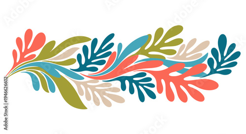 Vibrant leaves and flowers form a colorful arrangement in a natural setting with various shapes and hues.