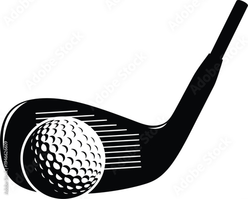 A black and white image of a golf club and ball