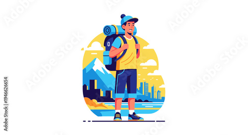 Traveler with backpack standing in front of cityscape and mountain range landscape
