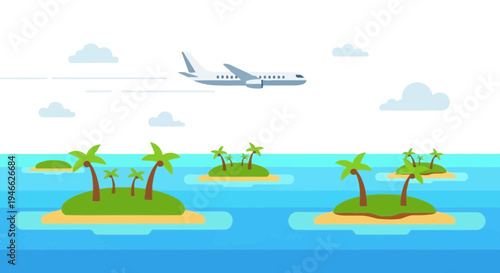 Airplane flies over serene tropical islands with palm trees in the ocean