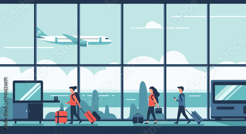 People walking with luggage at an airport terminal near a large window