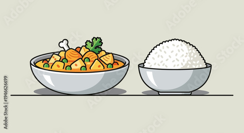 A vibrant illustration of a bowl of curry with meat and vegetables next to a bowl of white rice on a table.