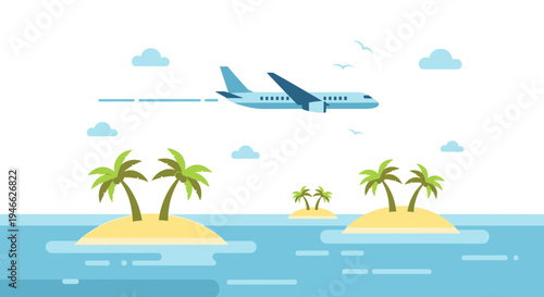 Tropical Island Getaway with Airplane Flight and Palm Trees on Serene Blue Ocean, Ideal for Summer Vacation and Exotic Travel Destinations