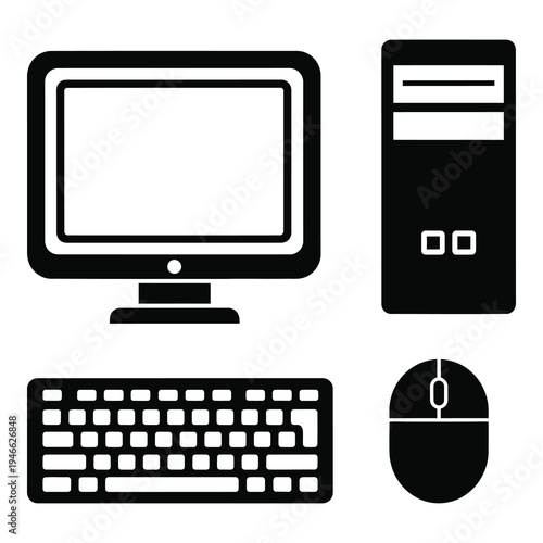 Computer monitor keyboard mouse and tower icons on white background icon