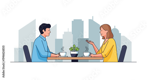 Couple eating breakfast together outdoors city view