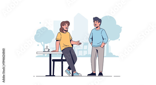 Two friends or colleagues having a relaxed discussion at an outdoor cafe. This modern illustration depicts engaging communication and social interaction in a pleasant urban setting