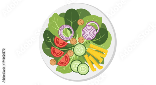 Fresh and vibrant salad with tomatoes, cucumbers, onions, and spinach on a white plate, a healthy and delicious meal option