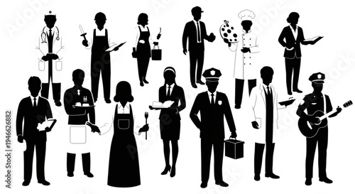 Diverse silhouettes of professionals representing various occupations.