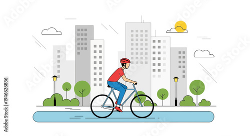 Cycling through a modern urban park, a person enjoys a sunny day ride against a city skyline, representing healthy living, active transport, and green city spaces