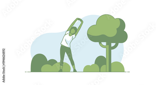 Illustration of a person stretching outdoors in a peaceful park setting, emphasizing flexibility and an active, healthy lifestyle. Perfect for wellness and fitness concepts