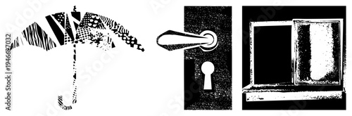 Vector halftone featuring an umbrella with canopy, door knob with keyhole, and window frame stylized,, graphic design elements.