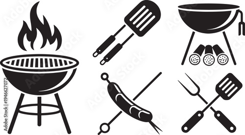 Black and white barbecue grill and utensils cooking spatula