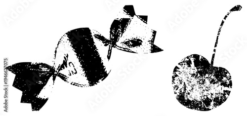 Retro candy wrapper with bow and cherry, distressed halftone print, graphic design element, food illustration, vector, stylized sweets, pop art aesthetic.