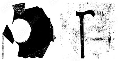 Black vector of a fragmented gear and a walking stick, both featuring halftone grain texture, isolated design elements, graphic symbols for accessibility or mechanical themes.